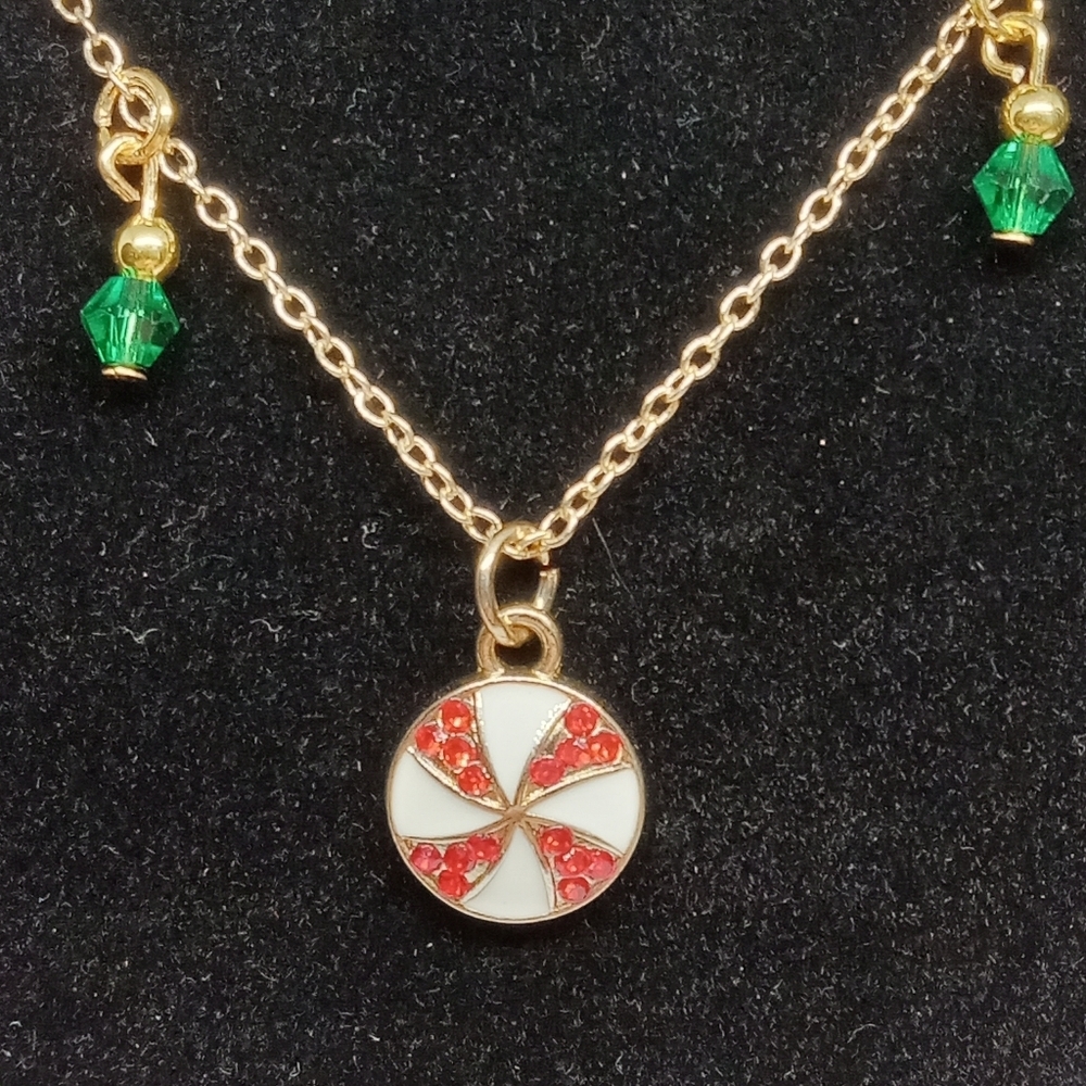 Hand Crafted Gold Necklace with Red and Green Charms - Picture 5 of 7